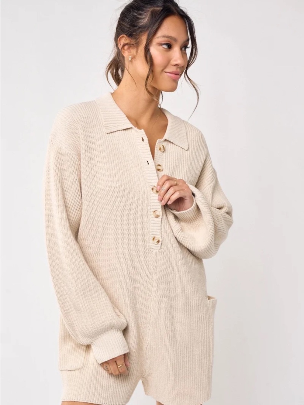 Pink Button-Front Knit Sweater Romper